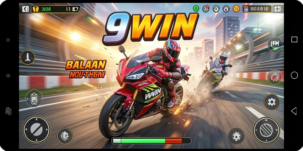 Screenshot gameplay seru 9WIN di lintasan balap motor.