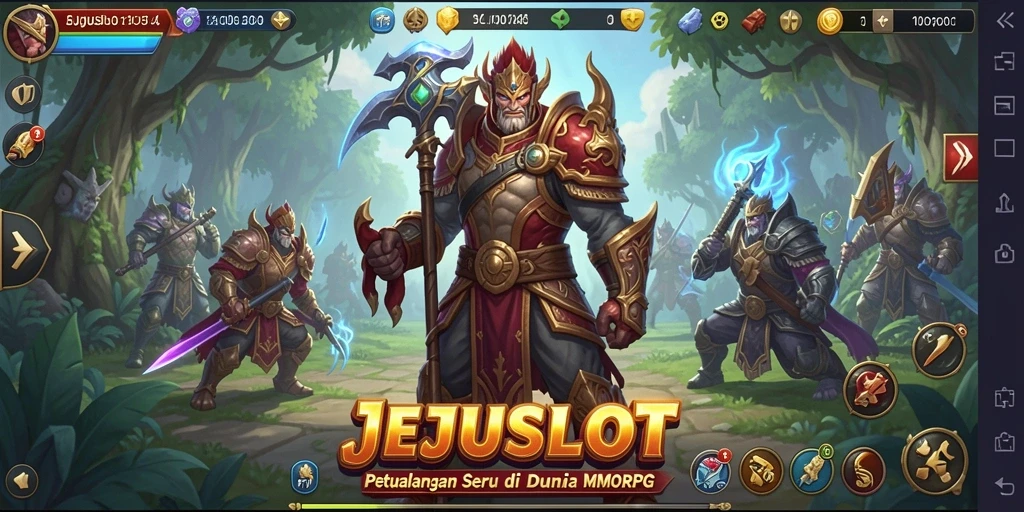 Screenshot utama JEJUSLOT menampilkan pertarungan epik antar karakter di dunia MMORPG.
