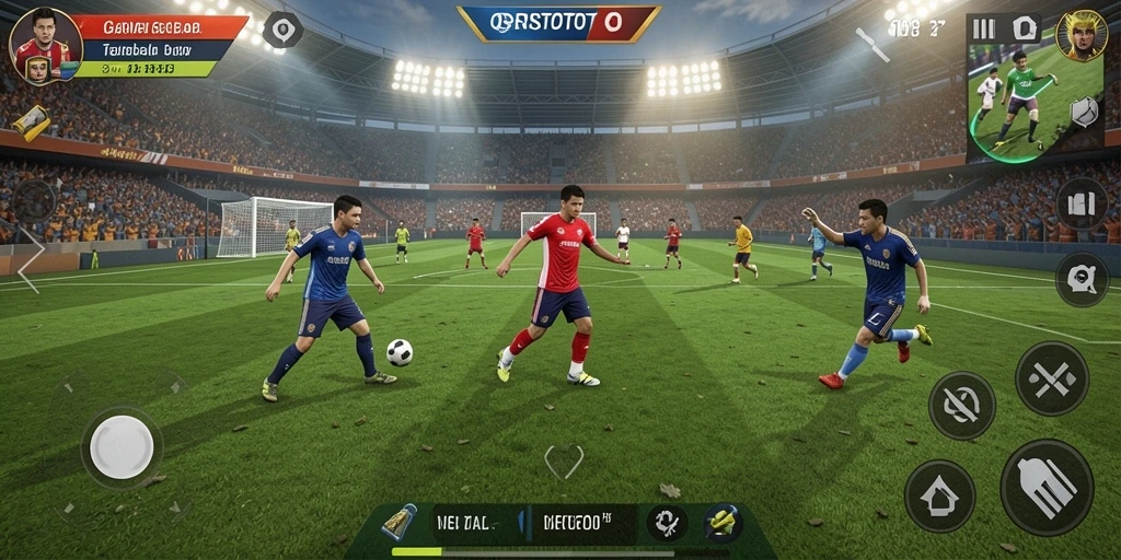 Tampilan gameplay <strong>ORISTOTO</strong> yang menampilkan aksi seru di lapangan sepak bola.