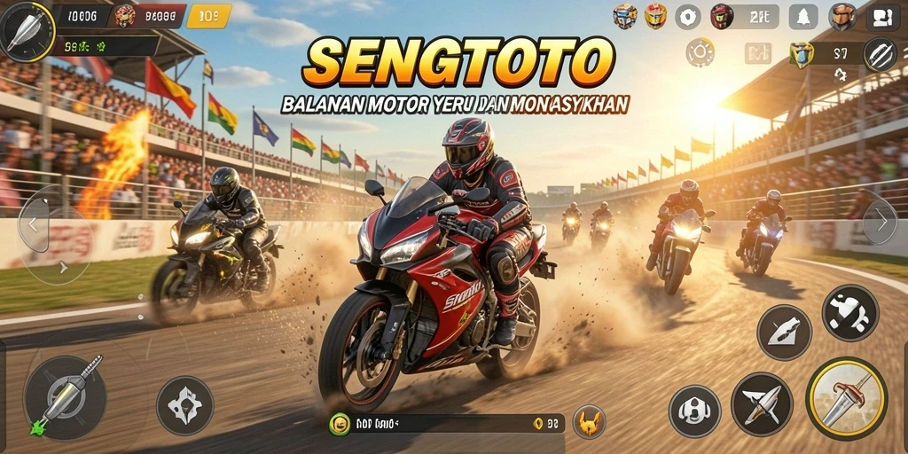 Tampilan gameplay seru SENGTOTO dengan balapan motor yang mendebarkan.