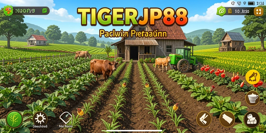 Screenshot utama TIGERJP88 menampilkan lahan pertanian yang rimbun dan berwarna-warni.